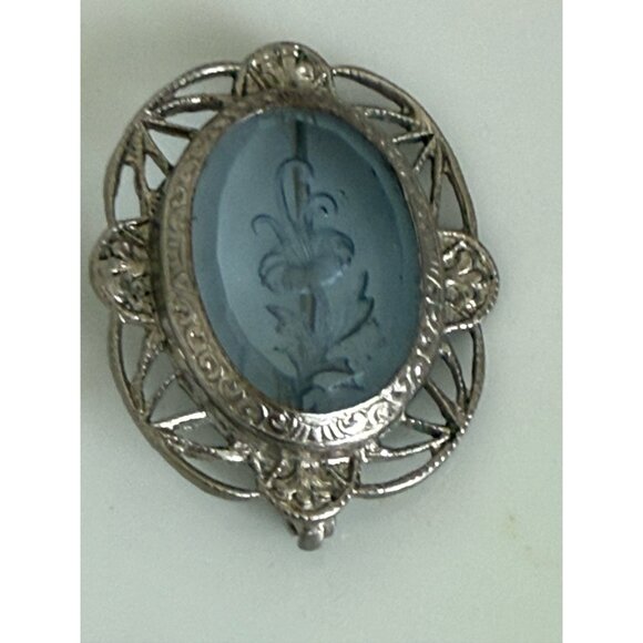 Vintage 30's Blue Glass Flower Intaglio Brooch Rhodium Plated - Picture 6 of 8